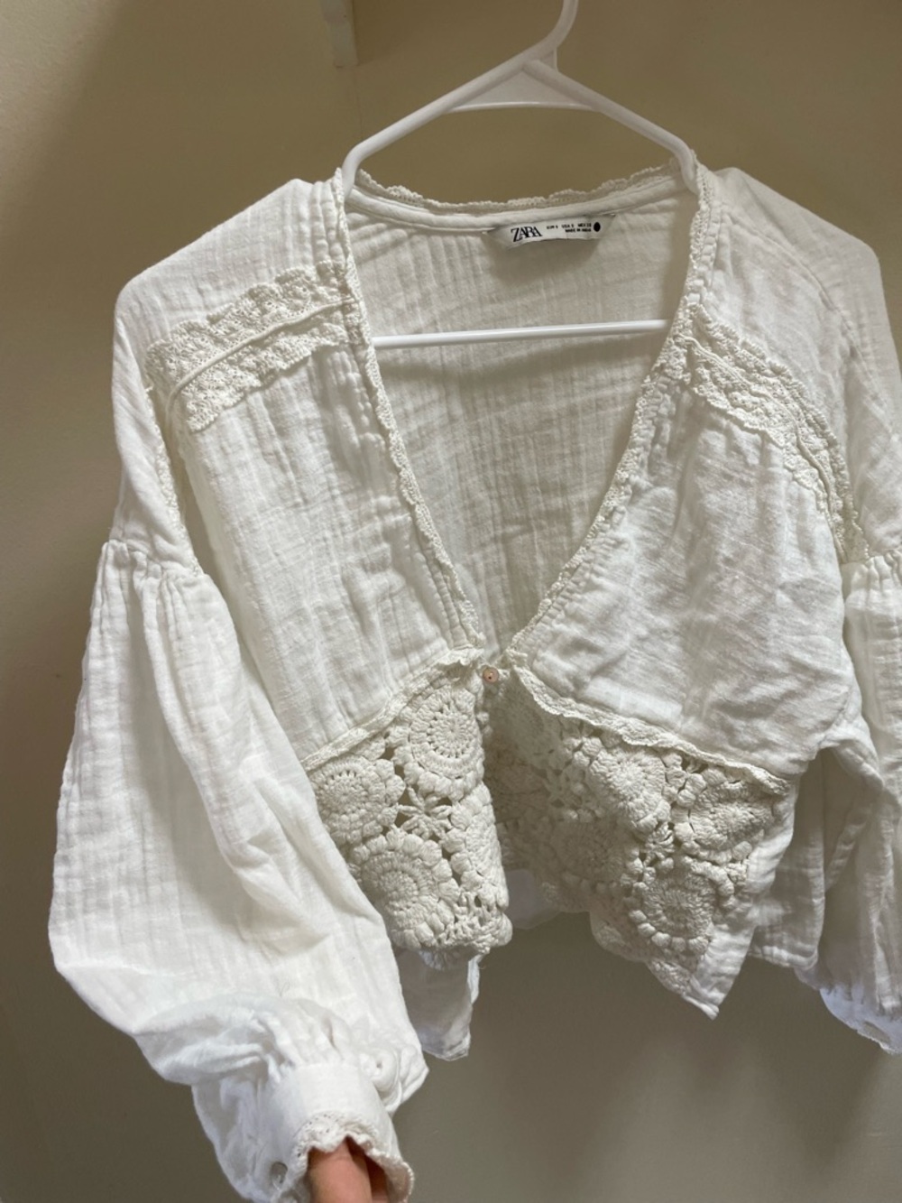 Zara White Crochet-Panel Peasant Top